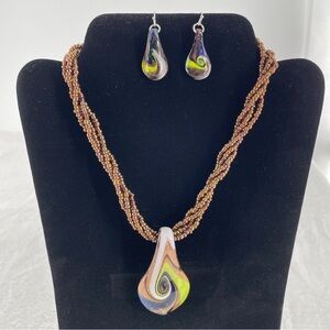 Vintage Murano-style Art Glass Pendant Necklace & Earring Set